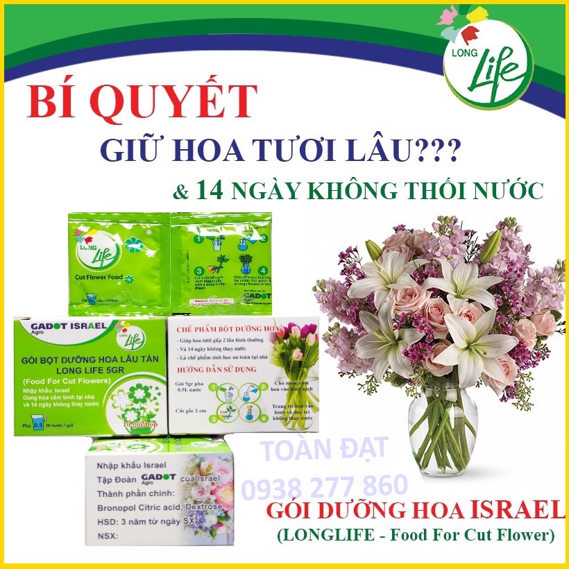 Hộp 10 gói Bột dưỡng hoa Long Life, Thuốc Dưỡng Hoa Lâu Tàn, Không Thối Nước, dưỡng chất cắm hoa tươi