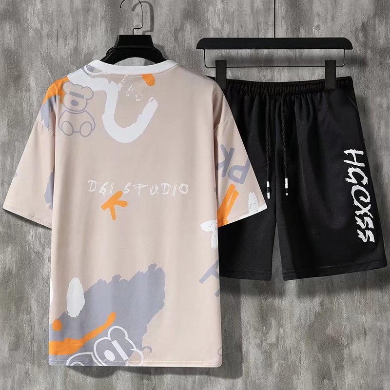 Round Neck Short Sleeve T-shirt Set + Men's Fashion Shorts Summer Suit Korean Cartoon Print Design Casual