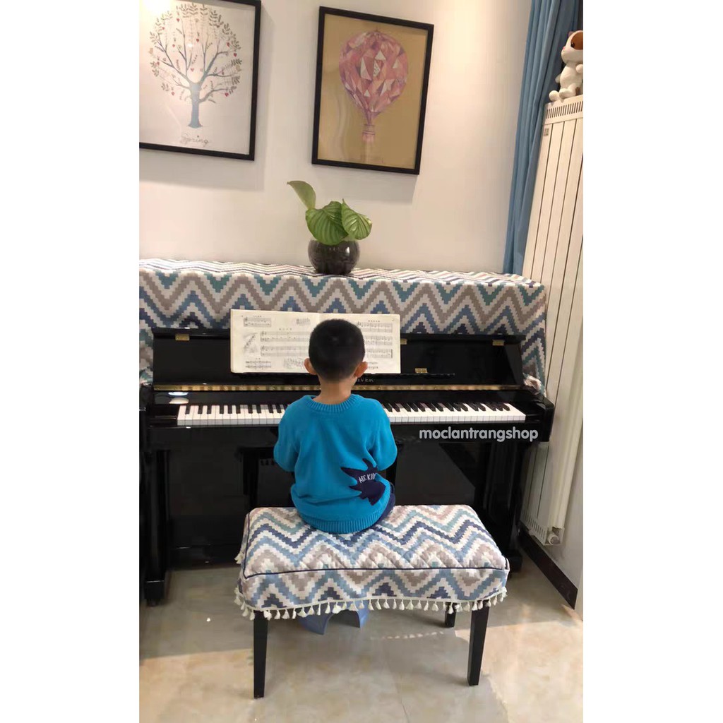 Khăn phủ đàn piano cơ điện họa tiết kẻ phong cách Bắc Âu hiện đại. Tấm phủ phím ghế đàn vải thô đũi cao cấp chống bụi