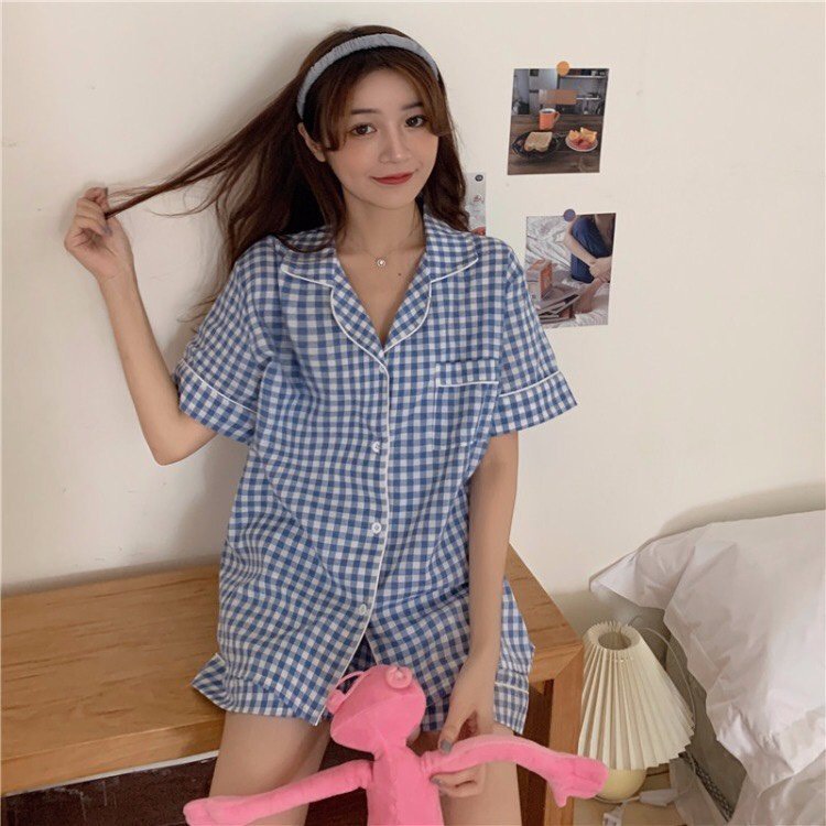 Set Pijama Cộc Tay Kẻ Caro PEONYB Nữ [FREESHIP] Bộ đồ ngủ mặc ở nhà, áo thun form rộng kèm quần short cá tính Ulzzang