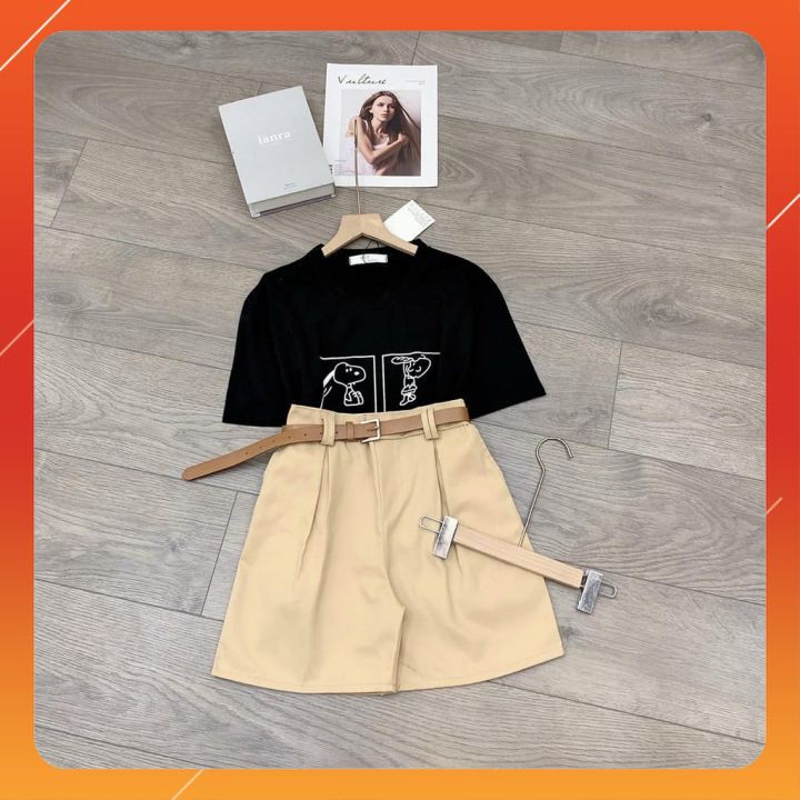 Set đồ nữ cá tính Ulzzang đi chơi mua hè giá rẻ Áo phông tay lỡ quần short SNOOPY SDN01