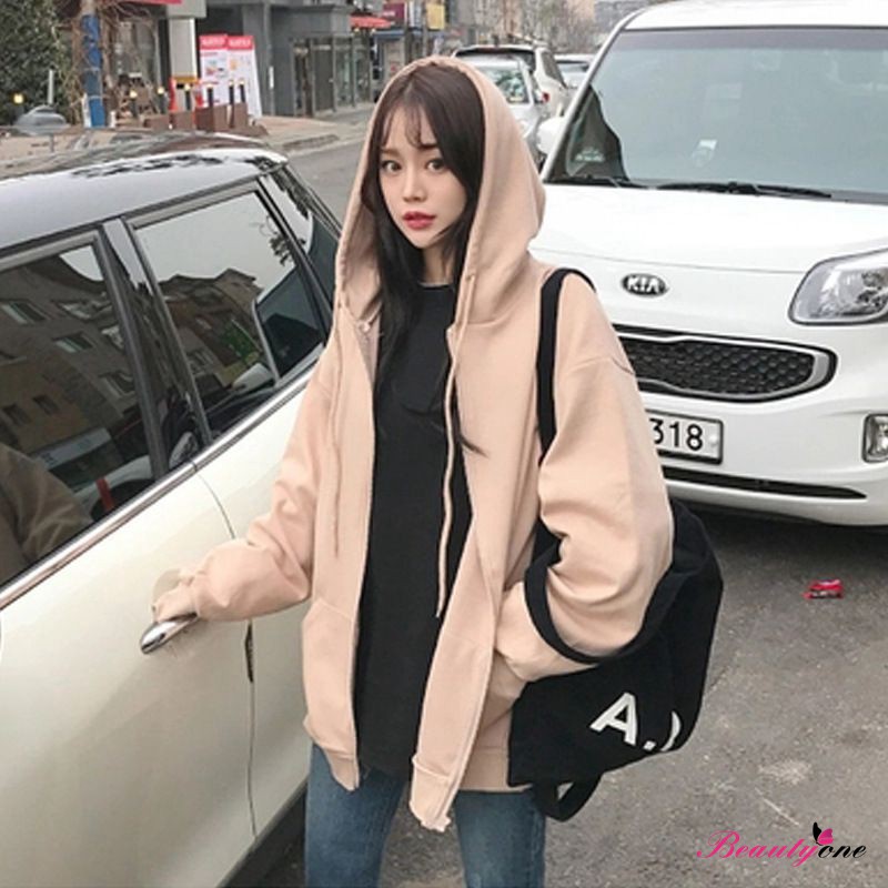 Áo Hoodies tay dài phối khoá kéo thiết kế màu trơn thanh lịch