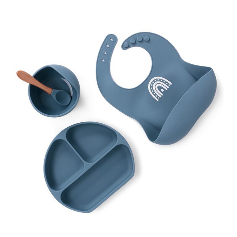 Bộ 4 Món Gồm Yếm Ăn + Đĩa + Muỗng + Yếm Ăn Bằng Silicone Chống Nước Cho Bé Sơ Sinh