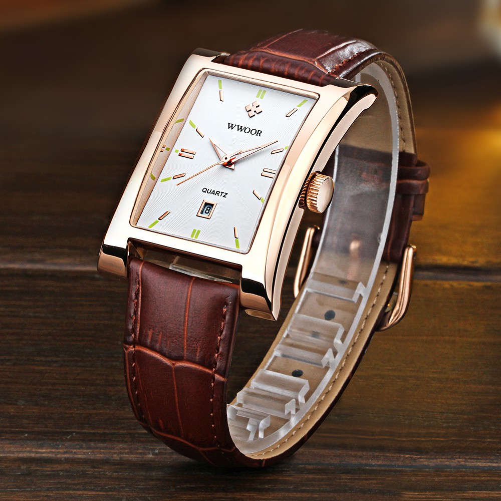 WWOOR Fashion Men's watches waterproof calendar leather strap casual square wristwatch business watch for men 8017