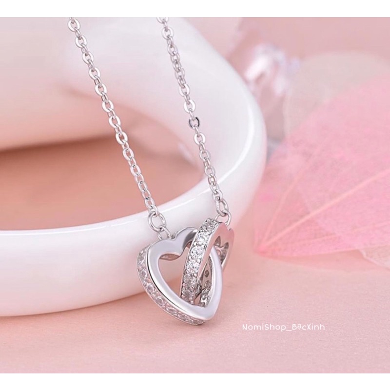 Dây Chuyền nữ Bạc ta, Dây liền mặt 2 trái tim lồng viền đá. Thời trang phong cách, quyến rũ lôi quấn- Nomi Shop Bạc Xinh