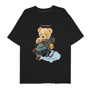 Áo tay lỡ Gấu Teddy - Just Relax đen cotton 4 chiều nam nữ mặc phong cách trẻ trung, năng động