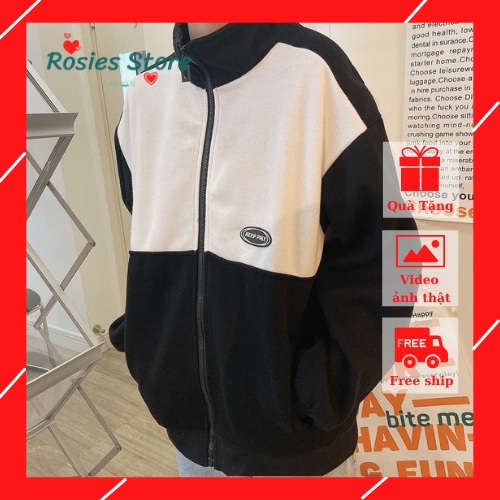 Áo khoác nỉ thu đông cho nam nữ phối hai màu, freesize dưới 80kg