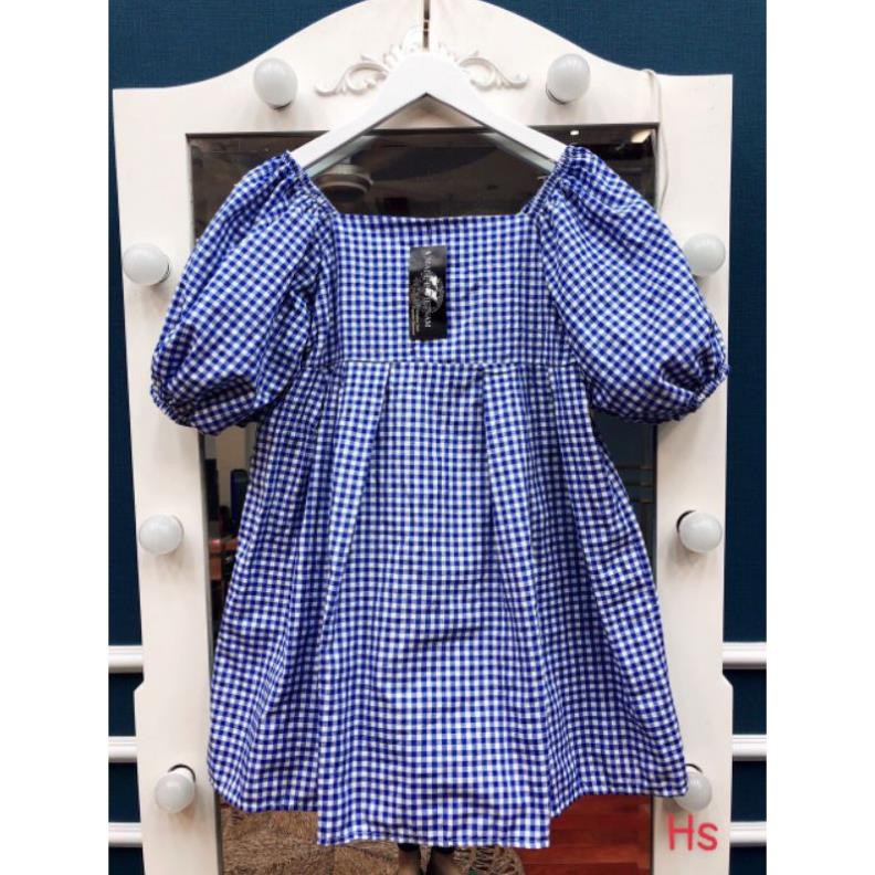 💃 Đầm Babydoll Nữ Kẻ Xanh Cổ Vuông. HANN's Closet. Váy Nữ Tay Bồng Dáng Xòe Tiểu Thư Xinh Đẹp | BigBuy360 - bigbuy360.vn