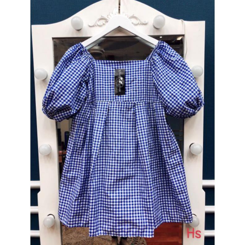 💃 Đầm Babydoll Nữ Kẻ Xanh Cổ Vuông. HANN's Closet. Váy Nữ Tay Bồng Dáng Xòe Tiểu Thư Xinh Đẹp