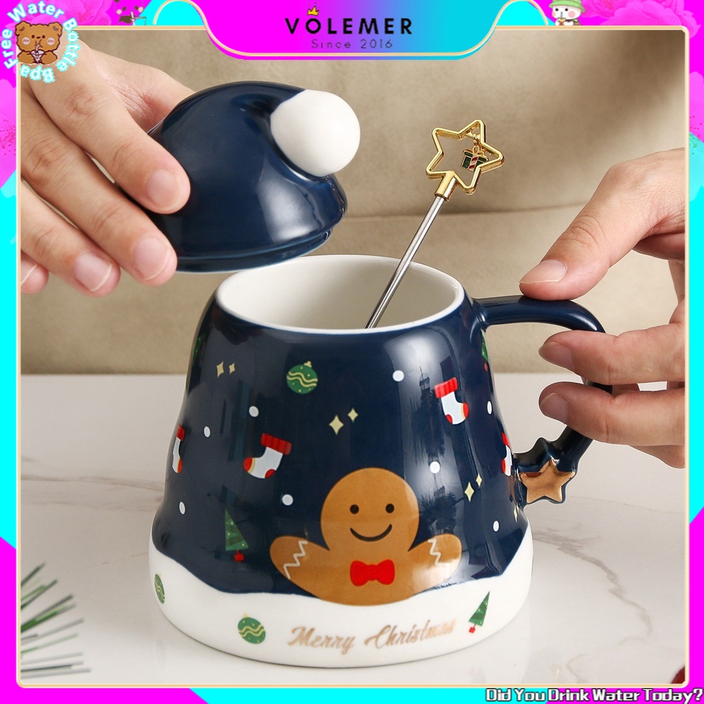 Cốc uống nước bằng gốm có nắp và muỗng phong cách Giáng Sinh nhiều màu tùy chọn có quai cầm