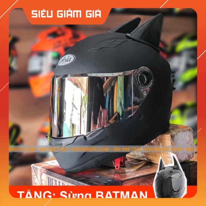 KHO SG-  Mũ bảo hiểm Fullface ASIA m136 đen nhám - đen mờ tặng kèm sừng BATMAN chính hãng - Nón fullface AGU đen bóng ch