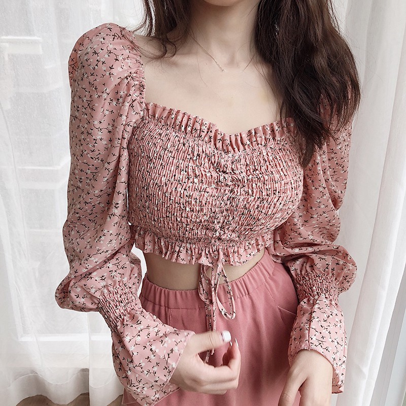 Áo kiểu vải chiffon họa tiết hoa thiết kế thanh lịch cho nữ