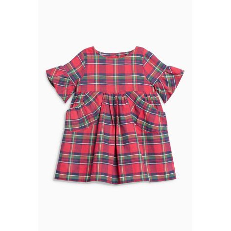 Đầm đỏ tay lỡ bé gái NEXT UK Red Tartan Frill Sleeve Dress size 0-3 tháng _ hàng chính hãng authentic