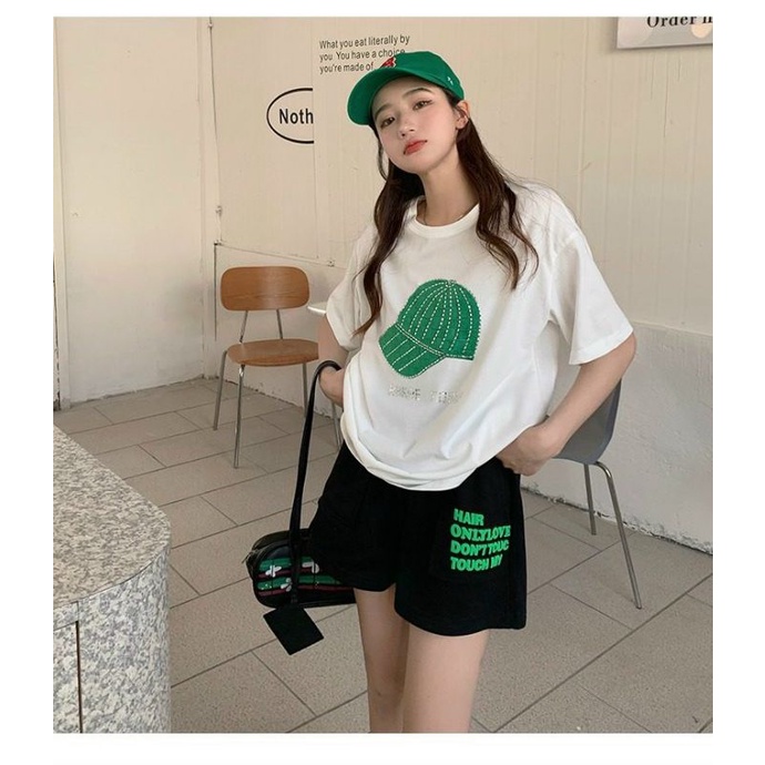 Bộ Đùi Mũ Nón 2 Màu Nữ[FREESHIP] Set đồ mặc hè quần short đùi  kèm áo phông chất dầy  trắng in hình Ulzzang