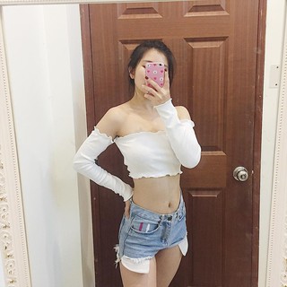 Áo Croptop Trễ Vai Tay Dài, Cuộn Biên