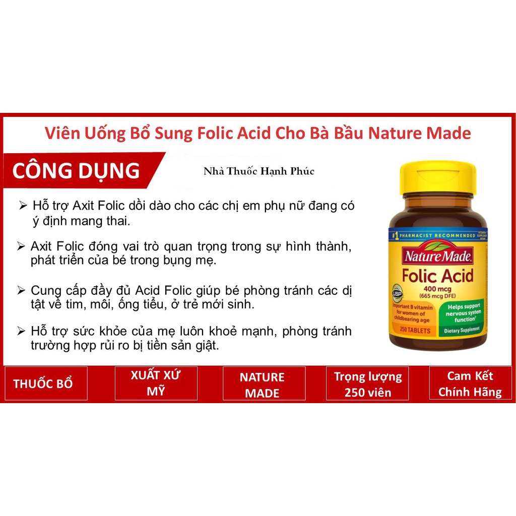 Viên uống Folic Acid 400mcg 250 viên Nature Made - USA