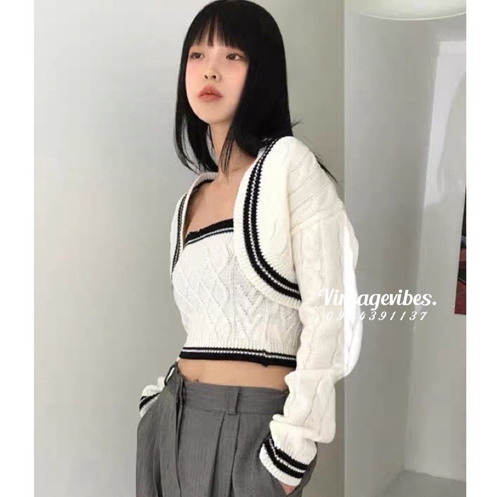 Set áo len Hàn Quốc, Set gồm áo cardigan len thừng và áo quây phối viền nổi style Ulzzang