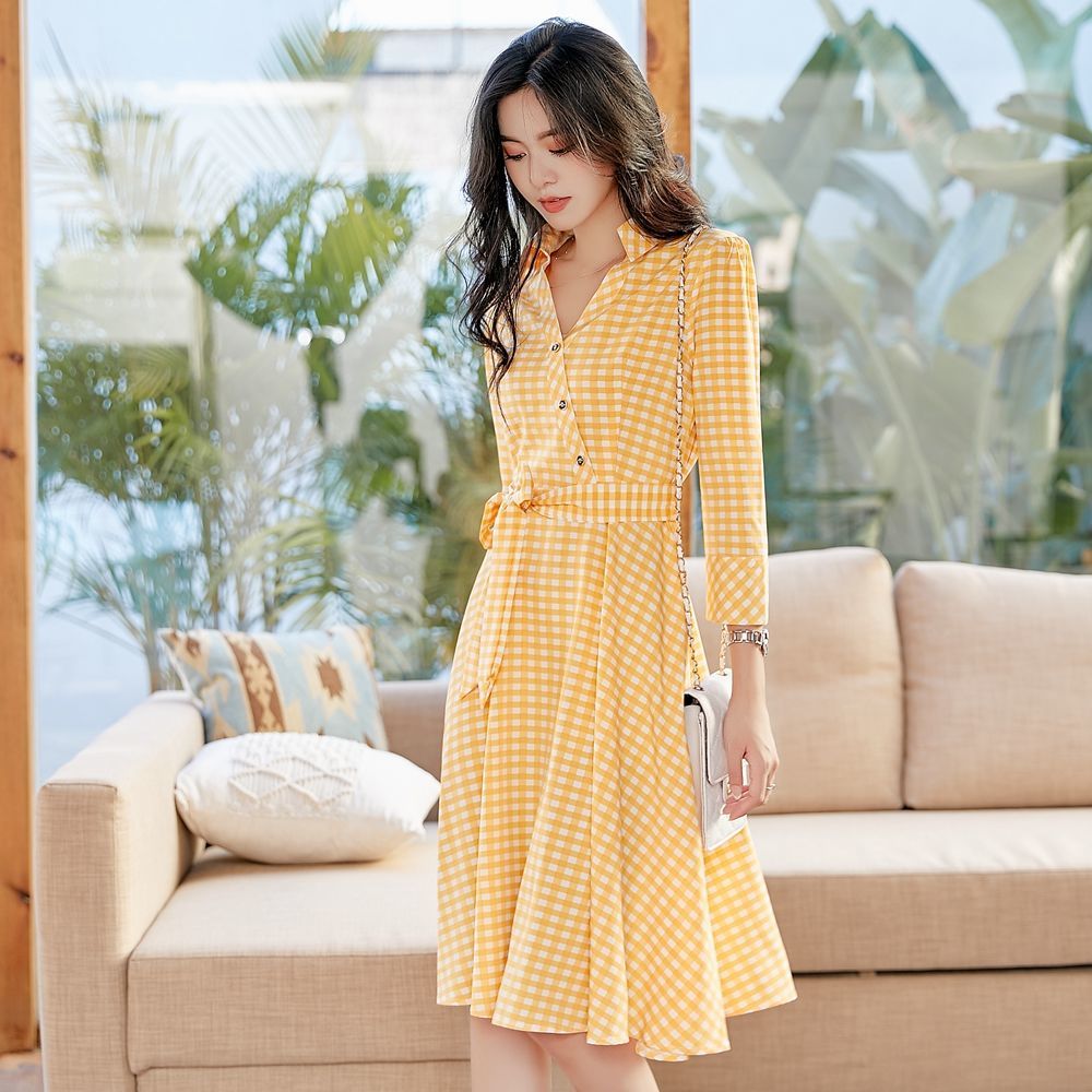 2020 new autumn dress long sleeve Korean version simple slim fit mid long fashion Plaid Dress | BigBuy360 - bigbuy360.vn