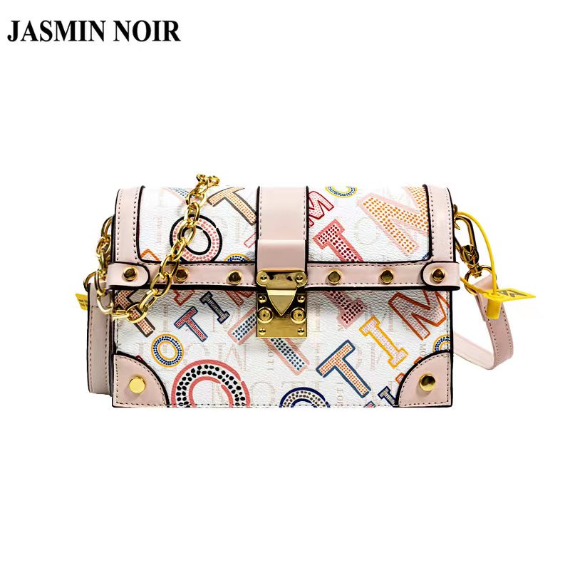 Túi đeo chéo JASMIN NOIR nắp gập in chữ phối dây xích thời trang cho nữ