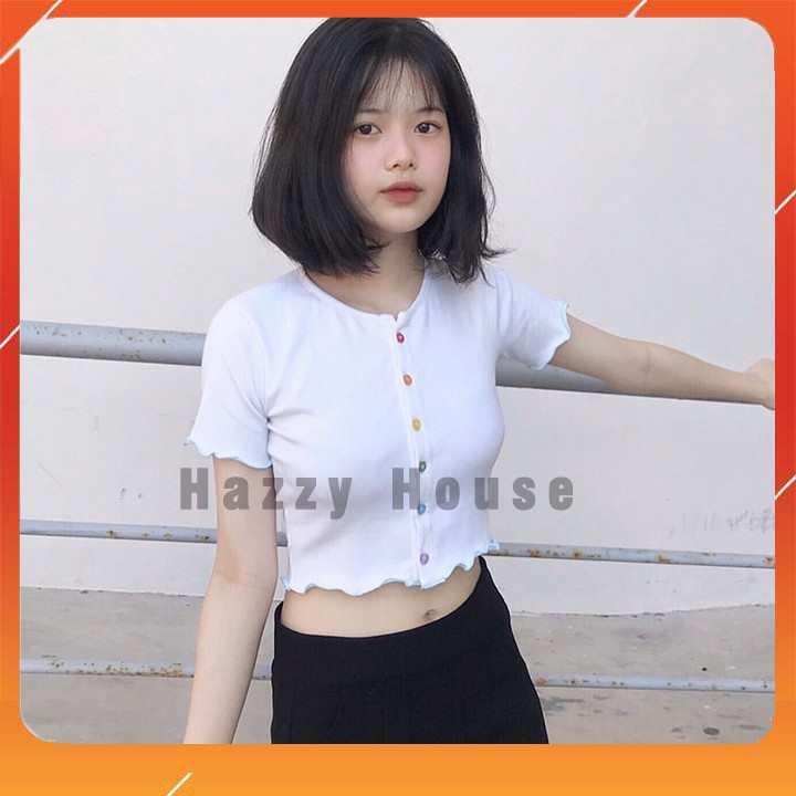 Áo thun nữ croptop cúc cầu vòng (ảnh thật)