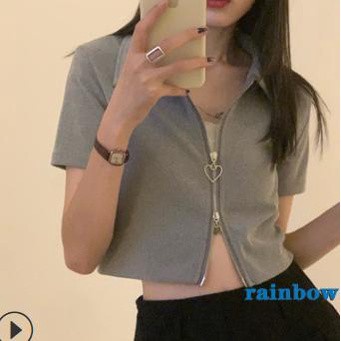 Áo Croptop Dệt Kim Tay Ngắn Dáng Rộng Màu Sắc Cầu Vồng Phối Khóa Kéo Thời Trang Cho Nữ | BigBuy360 - bigbuy360.vn