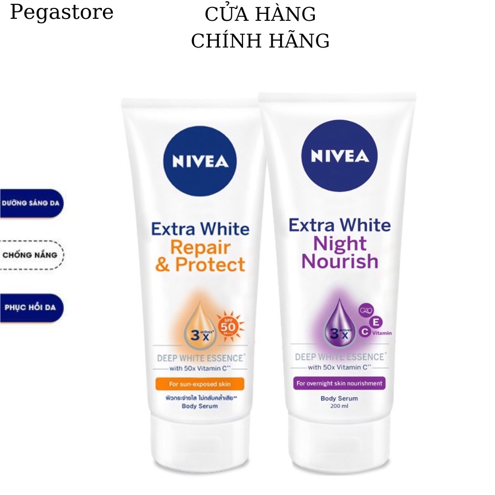 Sữa Dưỡng Thể Nivea Night Whitening Serum/Dưỡng thể chống nắng ngày Nivea Extra White Repair & Protect Serum SPF50 180ml