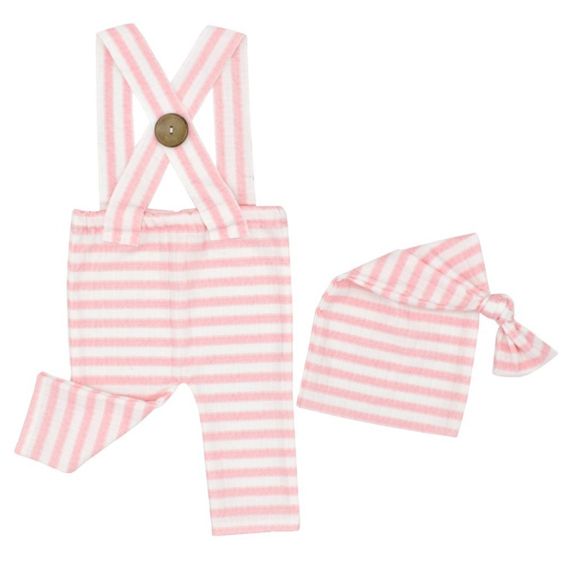 Bộ 2 Món Áo Liền Quần + Mũ Thắt Nút Họa Tiết Kẻ Sọc + Mũ Làm Phụ Kiện Chụp Ảnh Cho