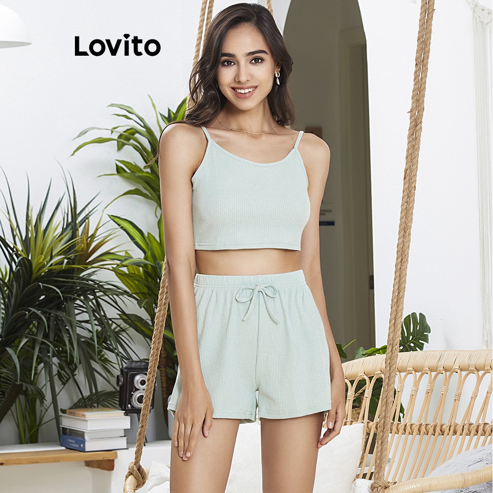 Bộ đồ mặc ở nhà Lovito thiết kế áo 2 dây màu trơn sọc gân L02031 (Gray) - Hàng nhập khẩu
