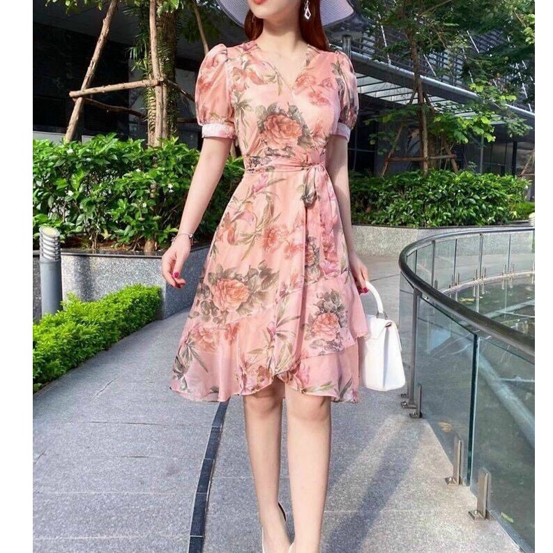 Váy Nữ Lụa Hoa Cổ V Cột Dây Eo Thời Trang Dạo Phố Sang Trọng Thời Trang - Winchois