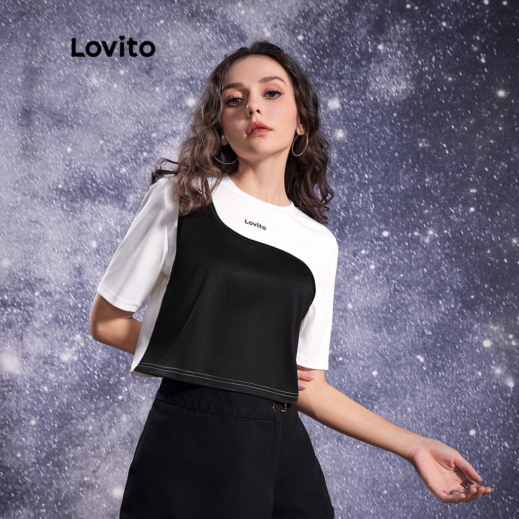 Lovito STAR GIRL Vá vá thường Khâu áo thun nữ cổ tròn L32AE054 (Đen trắng)