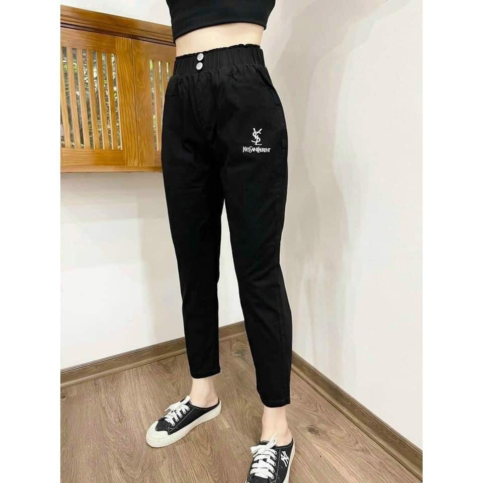 Quần baggy nữ chất đũi cạp chun 2 khuy, quần baggy đũi thêu chữ, bigsize đến 90kg