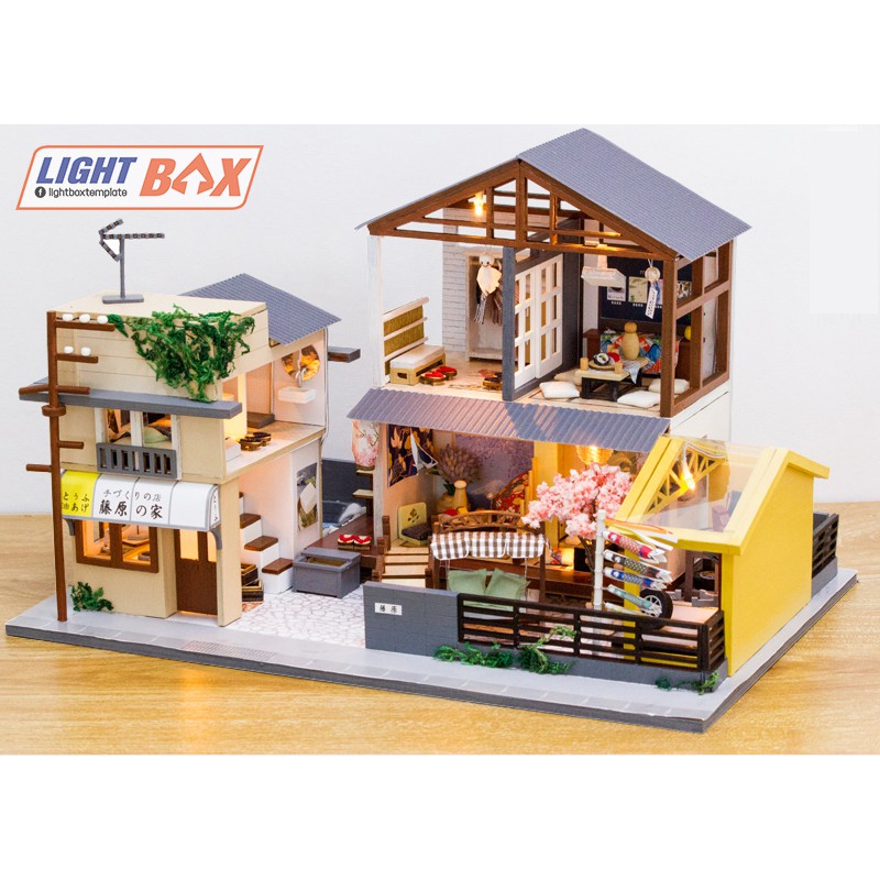 Nhà búp bê Tự làm bằng gỗ [Nhà có nội thất INITIAL DREAM &amp; đèn LED] Tặng khung bảo vệ + Dụng cụ