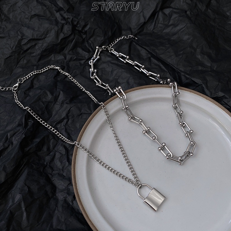 Staryu Set 2 Vòng cổ Hai Lớp Mặt Ổ Khóa Nhỏ Unisex