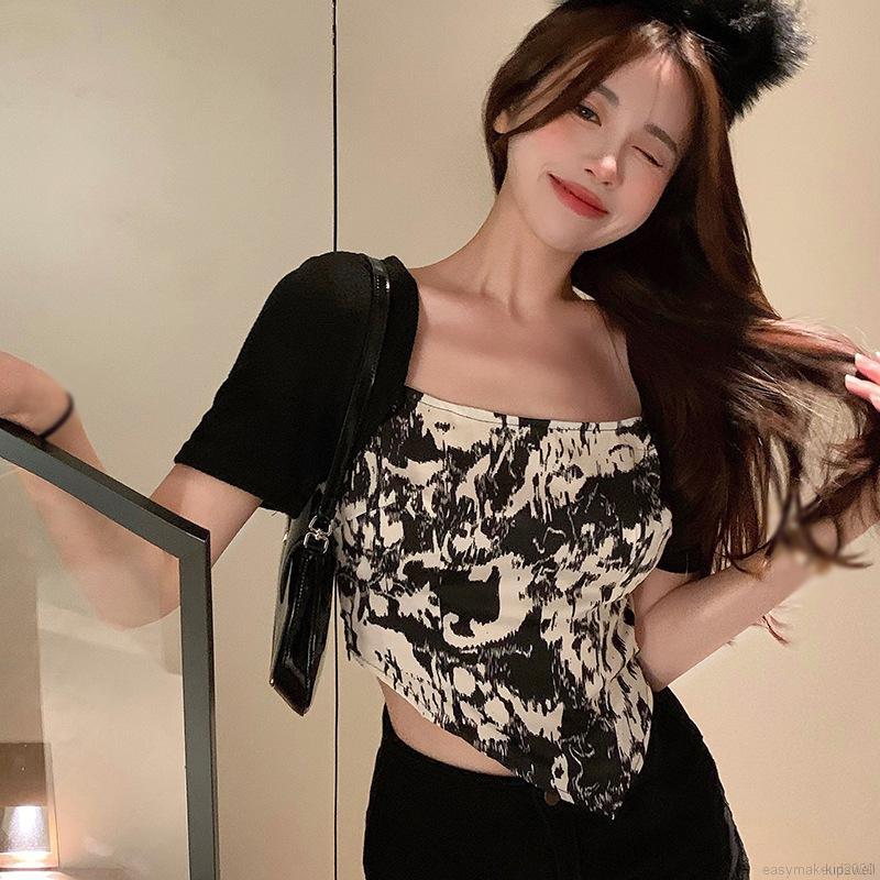 Áo kiểu croptop cổ vuông phong cách Hàn Quốc xinh xắn thời trang dành cho nữ | BigBuy360 - bigbuy360.vn