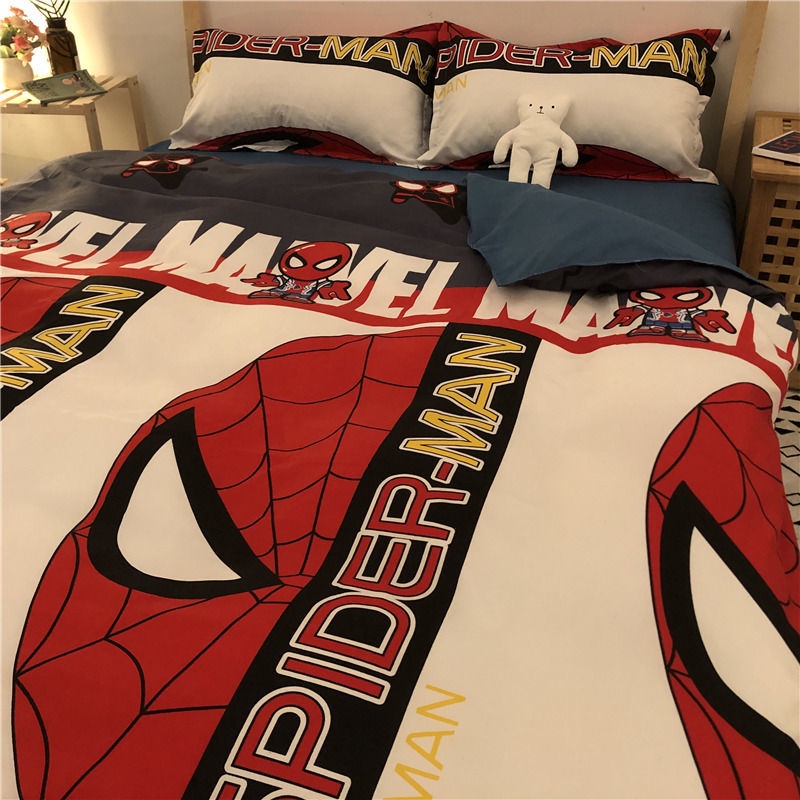 ♣❈▬4 in 1 Boy Cartoon Spiderman Bộ đồ giường Nệm bảo vệ Cadar Tấm trải giường Cadar Queen Kích thước 3in1 Tấm trải giườn