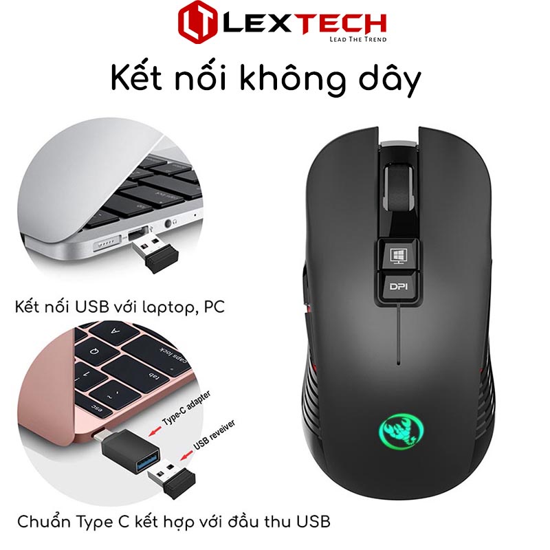 Chuột không dây gaming Lextech CT30 3600 DPI pin sạc Type C USB cho Smartphone Laptop PC Macbook