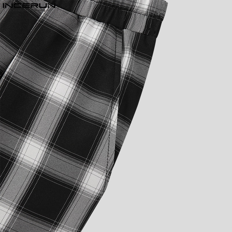 Quần dài Incerun ống rộng lưng thun họa tiết sọc caro phong cách retro cho nam