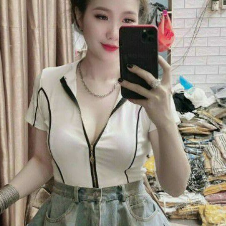 Áo thun croptop cổ trụ phối dây kéo cao cấp