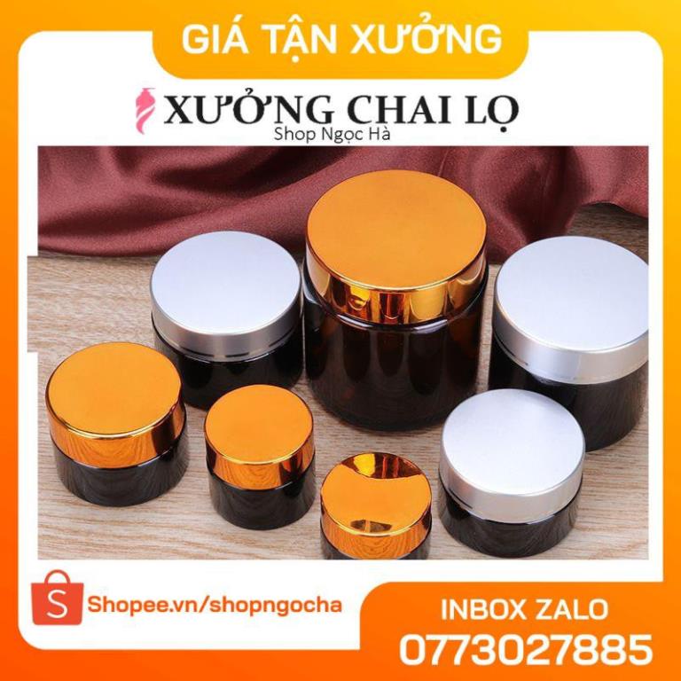 Hủ Chiết Kem Thủy Tinh Nâu 50g,100g Nắp Vàng,Đen , lọ chiết mỹ phẩm , phụ kiện du lịch