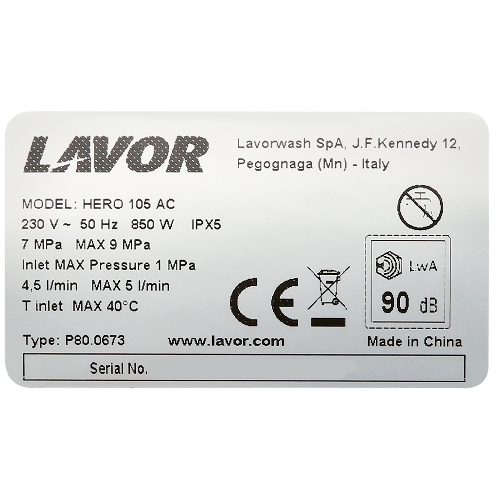 Máy xịt rửa áp lực cao Lavor Hero 105AC 850W