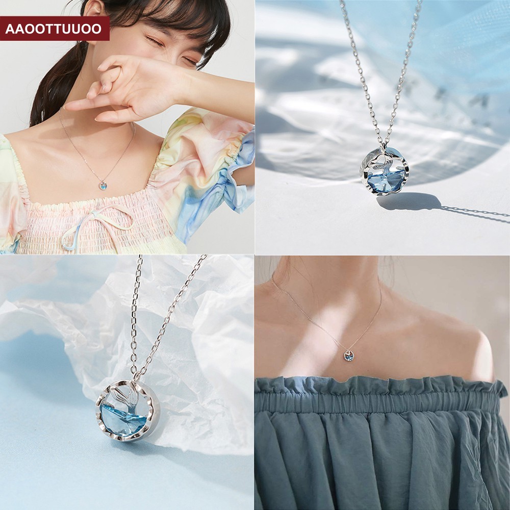 vòng cổ Mặt Hình Đuôi Cá Đính Đá Xanh Lam Phong Cách Hàn Quốc