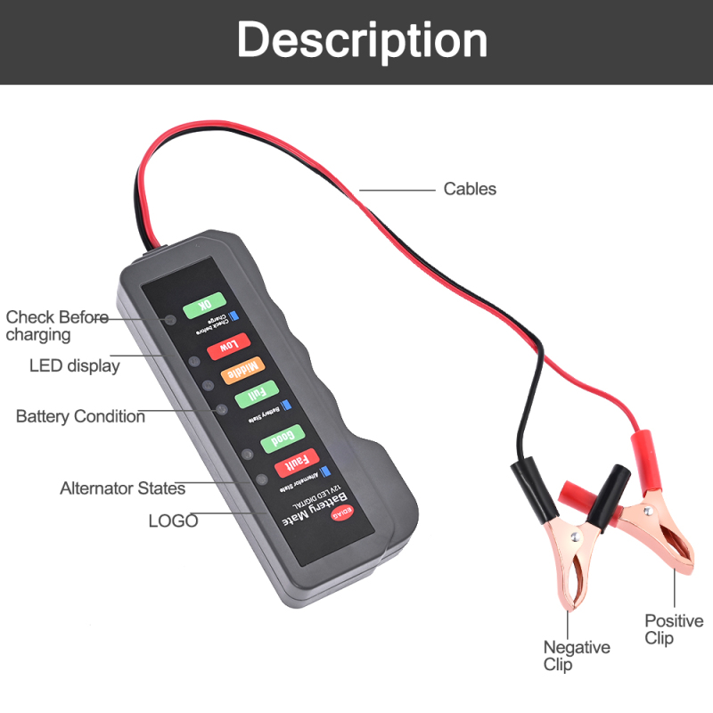 Máy Kiểm Tra Pin Và Bình Ắc Quy Mini Kỹ Thuật Số 12v Có Hai Kẹp 6 Đèn Led Dụng Cụ Chuẩn Đoán Ô Tô