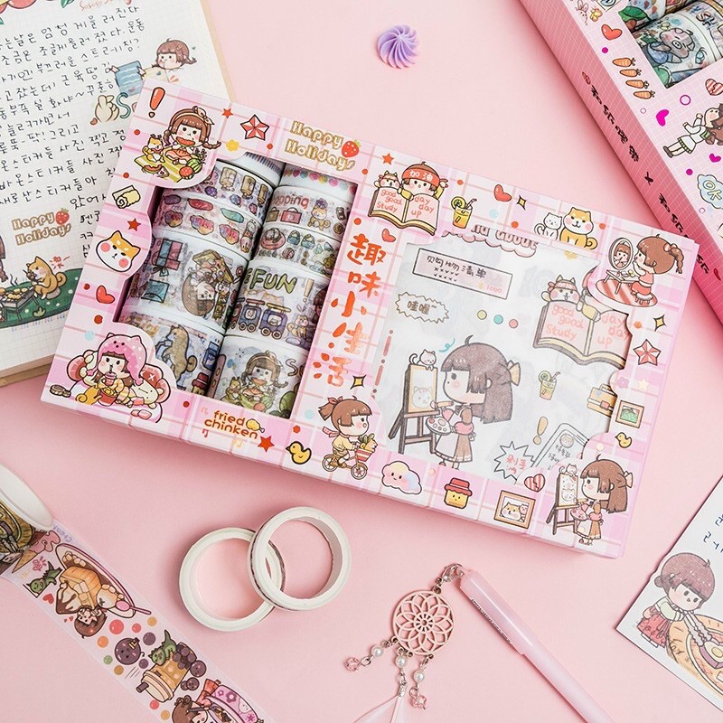 Hộp 10 cuộn washi tape và 10 tờ sticker