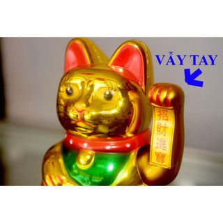 Mèo Thần Tài vàng vẫy khách chạy pin cao 26cm-Có link you tube
