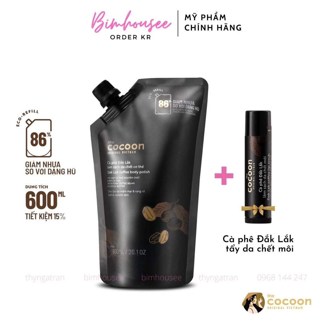 Tẩy da chết body cà phê Cocoon túi refill bigsize tẩy tế bào chết toàn thân Cocoon 200ml 600ml