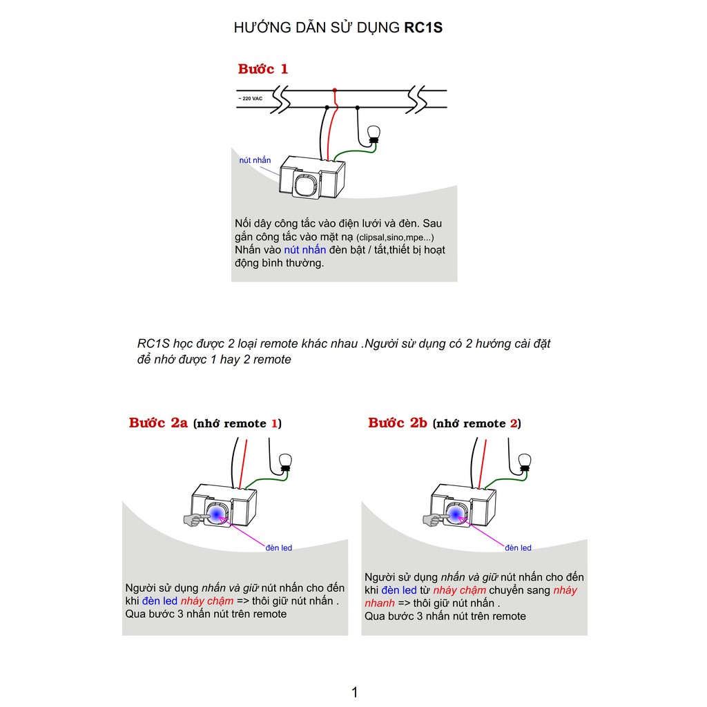 Công tắc điều khiển từ xa bằng sóng radio RC1S (BH 12 tháng)