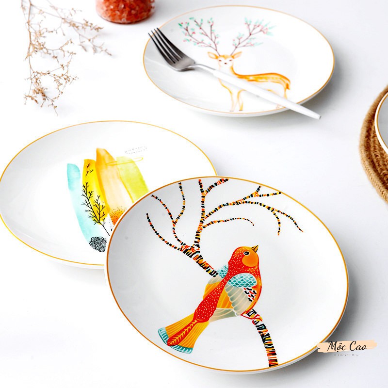 Bộ 4 đĩa sứ xương, đĩa decor cao cấp họa tiết hươu cây chim - đĩa sứ tròn phụ kiện bàn ăn sang trọng 2021