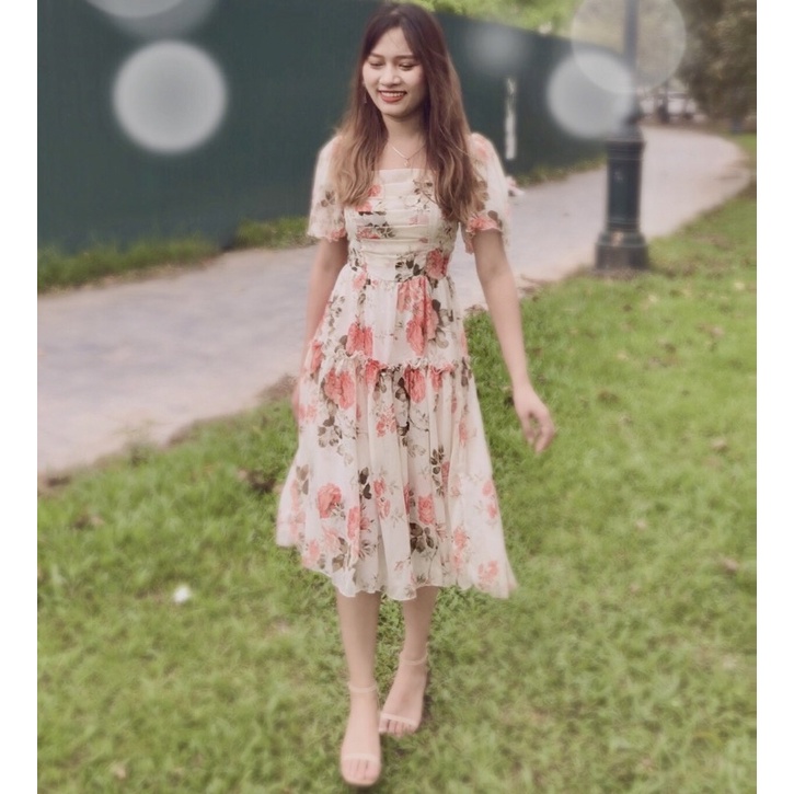 Đầm dự tiệc, Váy hoa chất voan tơ dáng dài maxi, tay cánh tiên