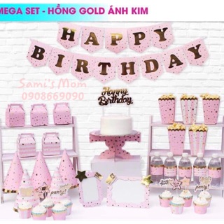 Set để bàn hồng ánh kim trang trí sinh nhật
