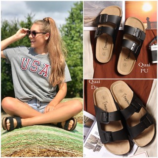 Dép sandal nam nữ 2 khóa quai pu đen đế trấu unisex
